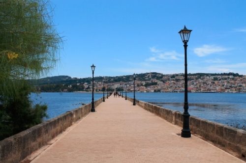 The World's longest stone cross sea bridge. De Bosset Bridge in Argostoli, Kefalonia, Greece